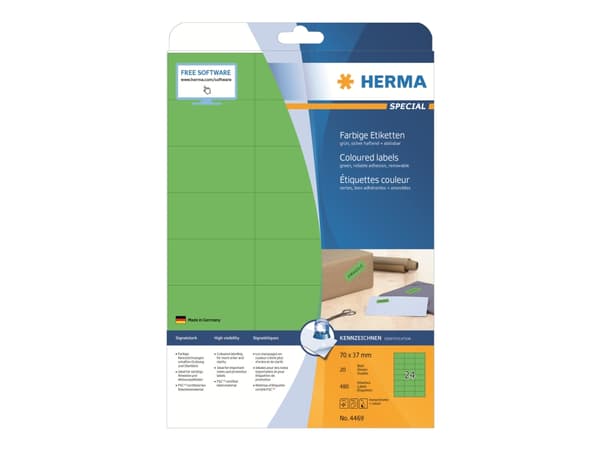 HERMA 4469, Vihreä, Itse kiinnittyvä tulostintarra, A4, Paperi, Laser/Inkjet, Irroitettava