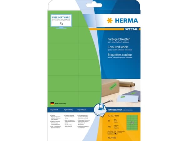 HERMA 4469, Vihreä, Itse kiinnittyvä tulostintarra, A4, Paperi, Laser/Inkjet, Irroitettava