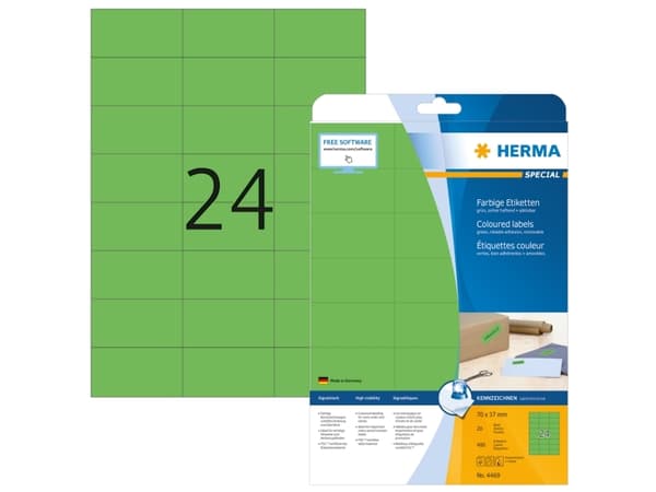 HERMA 4469, Vihreä, Itse kiinnittyvä tulostintarra, A4, Paperi, Laser/Inkjet, Irroitettava