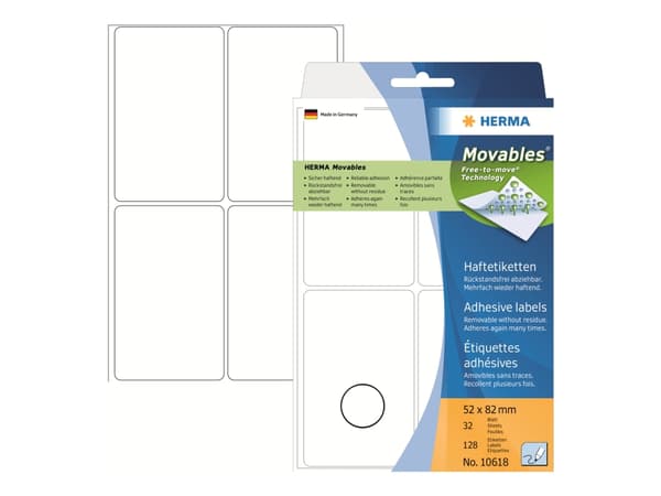 HERMA Movables - Matt - fjernbart selv-adhesiv - hvit - 52 x 82 mm 128 rull(er) (32 ark x 4) merkelapper