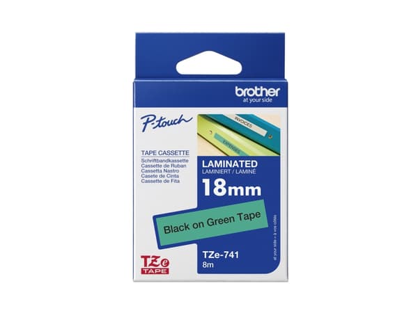 Brother TZe-741 - Standardklebemiddel - sort på grønt - Rull (1,8 cm x 8 m) 1 kassett(er) laminert teip - for Brother PT-D600; P-Touch PT-1880, D450,