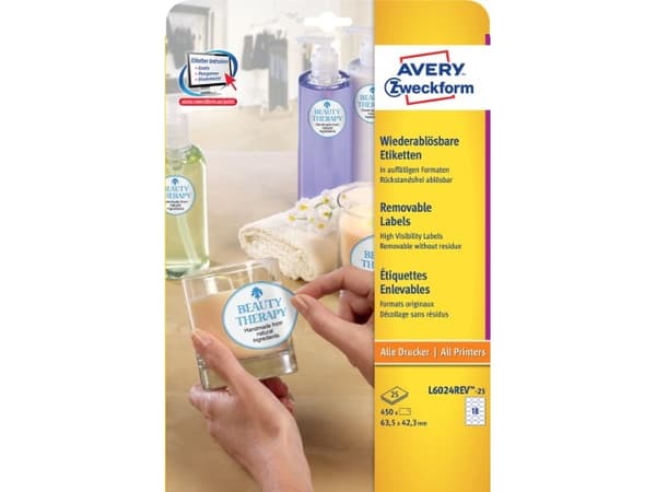 Avery L6024REV - Fjernbart adhesiv - hvit - 42,3 x 63,5 mm (oval) 450 stk (25 ark x 18) merkelapper