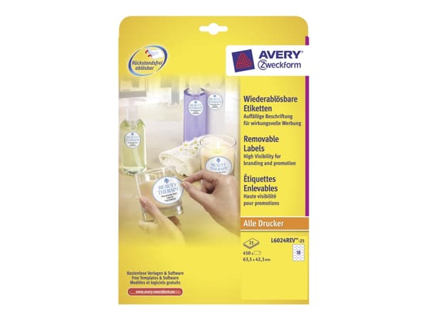 Avery L6024REV - Fjernbart adhesiv - hvit - 42,3 x 63,5 mm (oval) 450 stk (25 ark x 18) merkelapper
