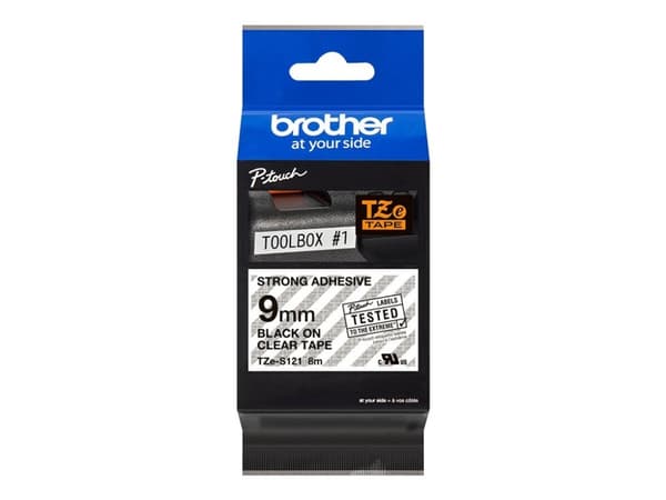 Brother TZe-S121 - Ekstra sterk adhesiv - svart på blank - Rull (0,9 cm x 8 m) 1 kassett(er) laminert teip - for Brother PT-D210, D600, H110; P-Touch