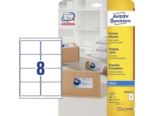 Etiketter Avery J8165-25 QuickDRY™ hvid til inkjet 99,1x67,7 mm - (8 stk. x 25 ark)