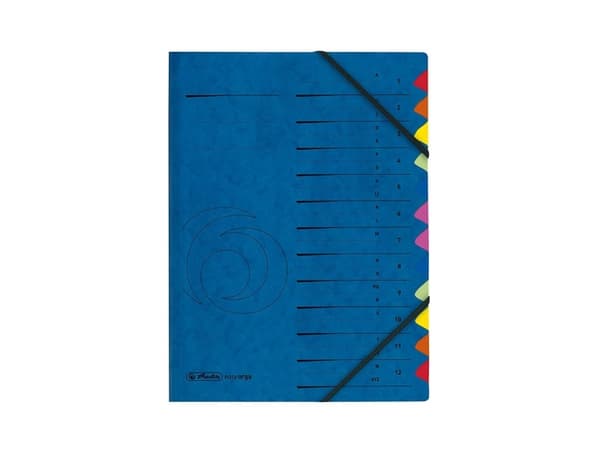 herlitz mappe, DIN A4, papp, 12 lommer, blåfarget sponplate, med 2 elastiske bånd, fargede lommer med (5001128)