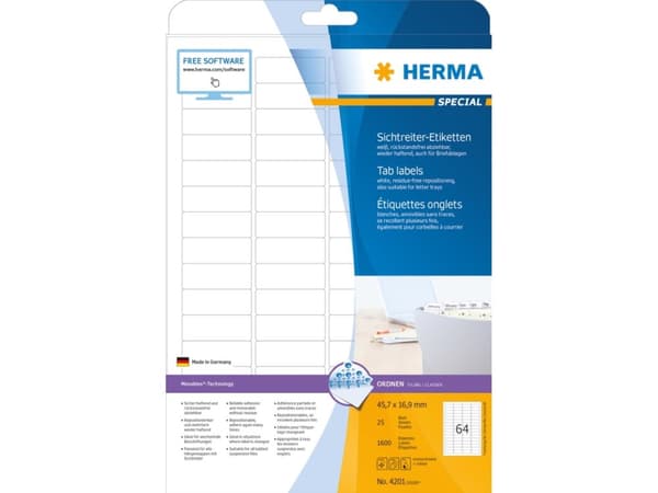 HERMA Special - Hvit - 45.7 x 16.9 mm 1600 etikett(er) (25 ark x 64) selvklebende avtakbare matte papirfliketiketter