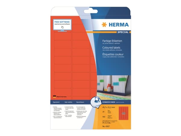 HERMA 4367, Punainen, Itse kiinnittyvä tulostintarra, A4, Paperi, Laser/Inkjet, Irroitettava