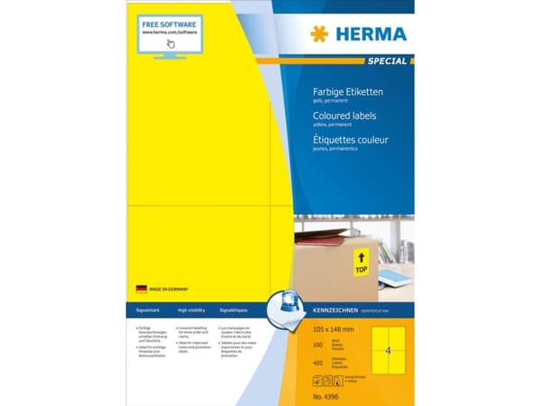 HERMA Special - Papper - matt - permanent självhäftande - gul - A6 (105 x 148 mm) 400 etikett (er) (100 ark x 4) etiketter