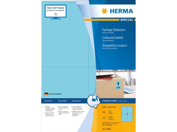 HERMA Special - Papper - matt - permanent självhäftande - blå - A6 (105 x 148 mm) 400 etikett (er) (100 ark x 4) etiketter