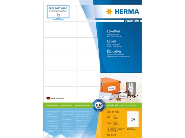 HERMA Premium - Papper - matt - permanent självhäftande - vit - 70 x 35 mm 2400 etikett (er) (100 ark x 24) laminerade etiketter