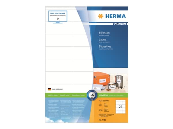 HERMA Premium - Papper - matt - permanent självhäftande - vit - 70 x 32 mm 2700 etikett (er) (100 ark x 27) laminerade etiketter