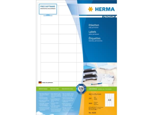 HERMA Premium - Papper - matt - permanent självhäftande - vit - 48.3 x 25.4 mm 8800 etikett (er) (200 ark x 44) laminerade etiketter