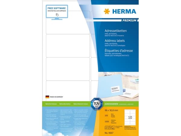 HERMA Premium - Papir - matt - permanent selv-adhesiv - hvit - 96 x 50.8 mm 1000 etikett(er) (100 ark x 10) laminerte adresseetiketter