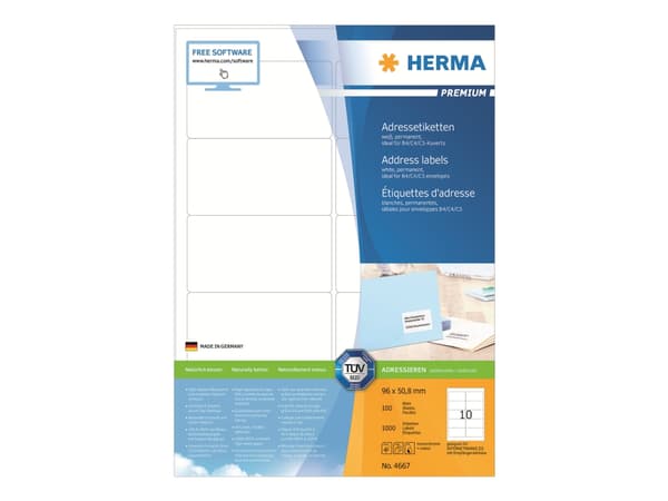 HERMA Premium - Papir - matt - permanent selv-adhesiv - hvit - 96 x 50.8 mm 1000 etikett(er) (100 ark x 10) laminerte adresseetiketter