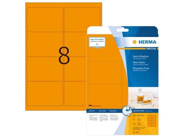 HERMA 5145, Oransje, Selvklebende skriveretikett, A4, Papir, Laser/Blekkskriver, Permanent