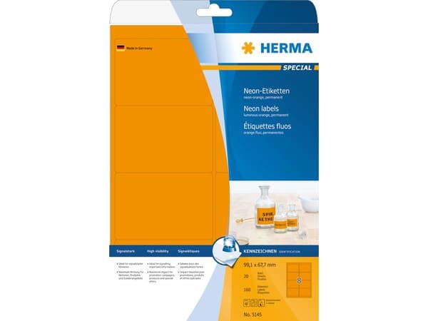 HERMA 5145, Oransje, Selvklebende skriveretikett, A4, Papir, Laser/Blekkskriver, Permanent