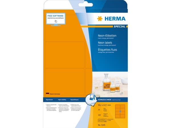 HERMA 5145, Oransje, Selvklebende skriveretikett, A4, Papir, Laser/Blekkskriver, Permanent