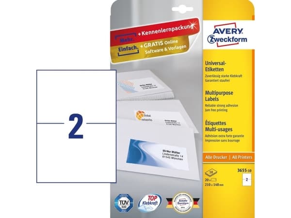 Avery 3655-10, Hvit, Rektangel, Permanent, A4, Papir, Laser/Blekkskriver