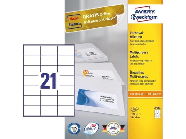 Avery - Hvit - 70 x 41 mm 2100 etikett(er) (100 ark x 21) flerbruks merkelapper