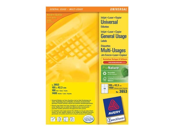 Avery Universal Labels, White 105x42,3mm, 105 x 42.3, 1400 kpl, 100 arkkia