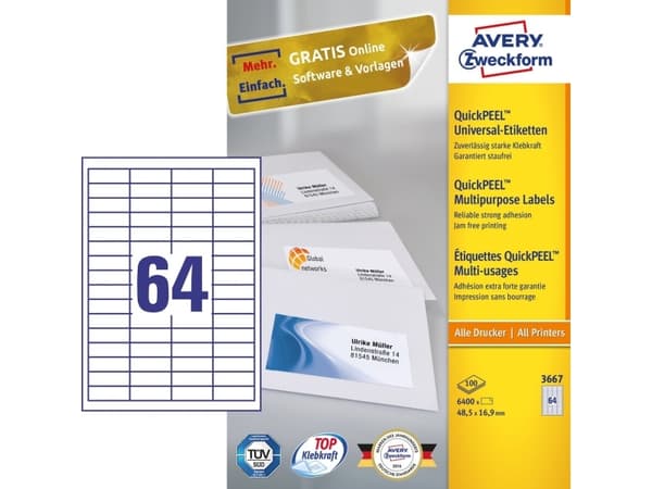 Avery - Hvit - 48.5 x 16.9 mm 6400 etikett(er) (100 ark x 64) flerbruks merkelapper