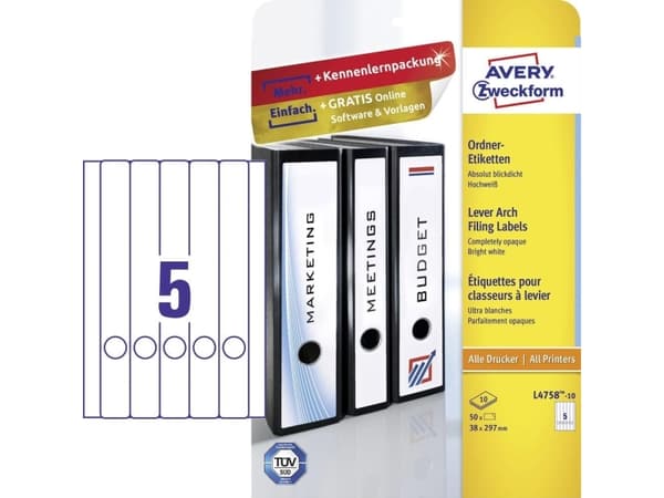 Avery L4758-10, Hvit, Papir, 38 x 297 mm, 50 stykker, 10 ark, 210 x 297 mm