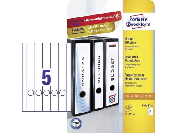 Avery L4758-10, Hvit, Papir, 38 x 297 mm, 50 stykker, 10 ark, 210 x 297 mm