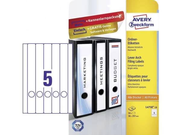 Avery L4758-10, Hvit, Papir, 38 x 297 mm, 50 stykker, 10 ark, 210 x 297 mm
