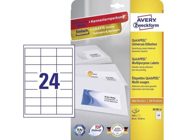 Avery L4760-10, Hvit, Avrundet rektangel, Permanent, 38 x 192 mm, A4, Ringperm