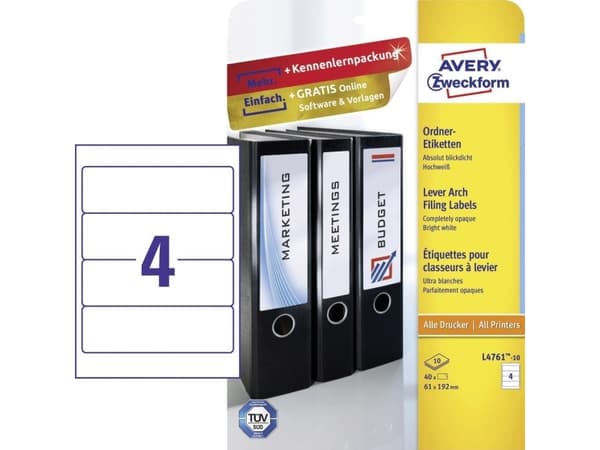 Avery L4761-10, Hvit, Papir, 192 x 61, 40 stykker, 10 ark, 210 x 297 mm