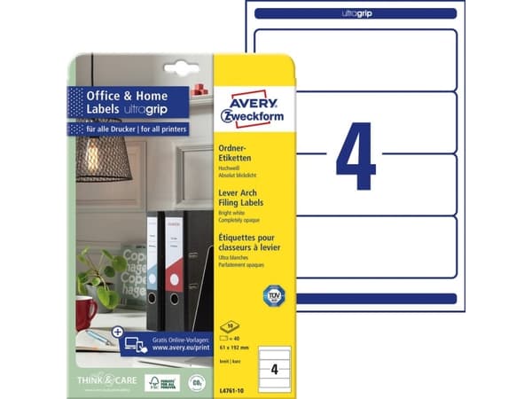 Avery L4761-10, Hvit, Papir, 192 x 61, 40 stykker, 10 ark, 210 x 297 mm