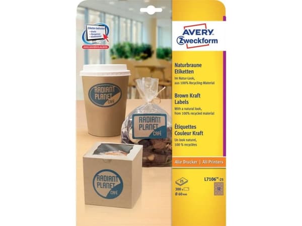 Etiketter Avery Ø60 mm naturbrun permanent - (25 ark x 12 stk.)