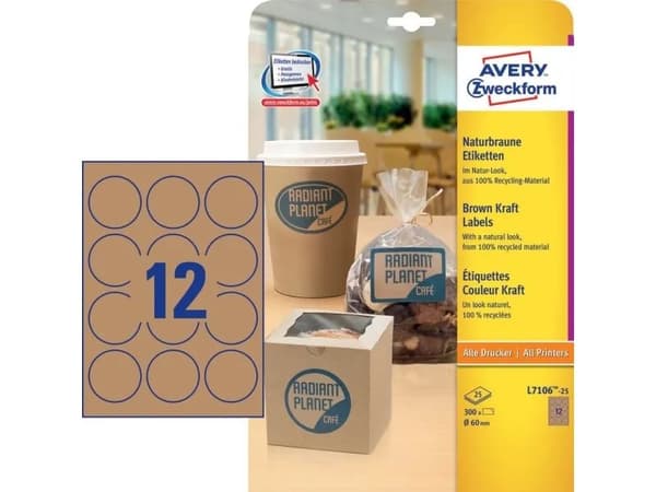 Etiketter Avery Ø60 mm naturbrun permanent - (25 ark x 12 stk.)