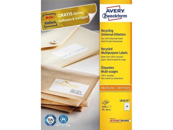 Avery QuickPEEL Recycled Labels LR3475 - 36 x 70 mm 2400 etikett(er) (100 ark x 24) resyklerte etiketter