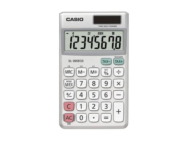 Casio SL-305ECO - Fickkalkylator - 8 siffror - solcellspanel, batteri Silver, Vit