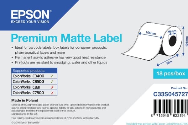 Epson Premium Matte Label - Continuous Roll: 105mm x 35m, Valkoinen, Itse kiinnittyvä tulostintarra, Merkintänauha, Akryyli, Kiinteä, Matta
