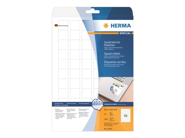 HERMA 10107, Valkoinen, Itse kiinnittyvä tulostintarra, A4, Paperi, Laser/Inkjet, Irroitettava