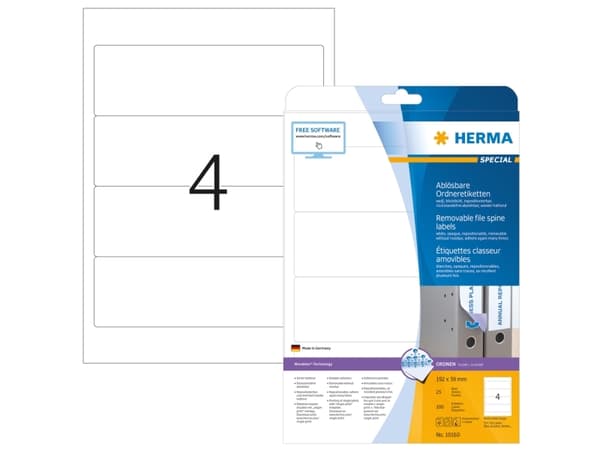 HERMA Special - Papir - matt - fjernbart selv-adhesiv - hvit - 192 x 59 mm 100 etikett(er) (25 ark x 4) opake arkivmappeetiketter
