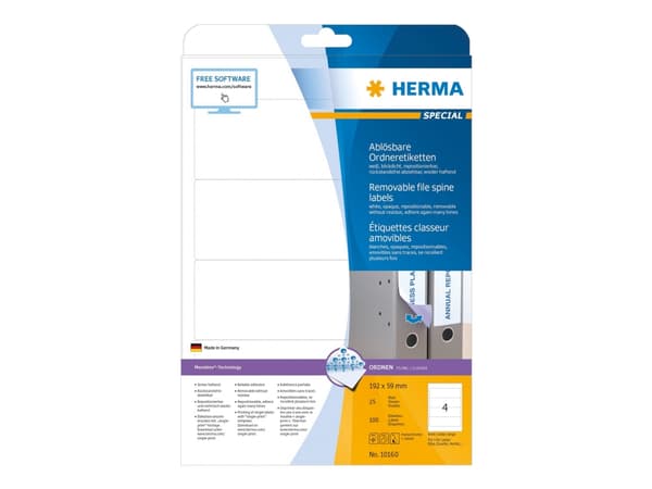 HERMA Special - Papir - matt - fjernbart selv-adhesiv - hvit - 192 x 59 mm 100 etikett(er) (25 ark x 4) opake arkivmappeetiketter
