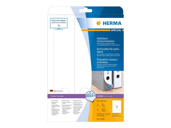 HERMA 10180, Valkoinen, Itse kiinnittyvä tulostintarra, A4, Paperi, Laser/Inkjet, Irroitettava
