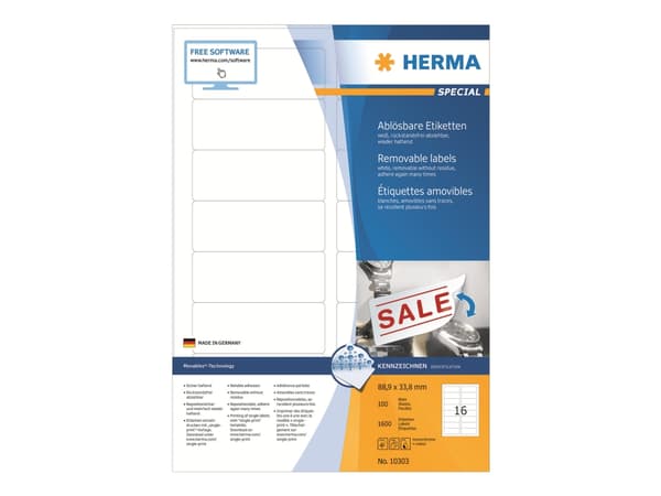 HERMA Special - Papir - matt - fjernbart selv-adhesiv - hvit - 88.9 x 33.8 mm 1600 etikett(er) (100 ark x 16) merkelapper