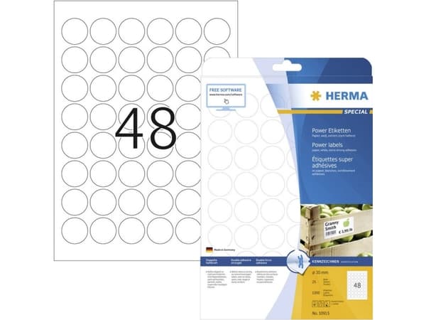 HERMA 10915, Hvit, Sirkel, Permanent, Papir, Matte, Laser/Blekkskriver