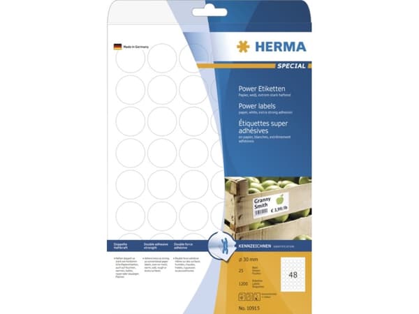 HERMA 10915, Hvit, Sirkel, Permanent, Papir, Matte, Laser/Blekkskriver