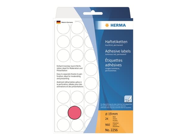 HERMA - Permanet adhesiv - lysende rød - 19 mm rund 960 etikett(er) (24 ark x 40) merkelapper
