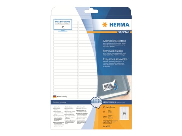 HERMA Special - Papir - matt - fjernbart selv-adhesiv - hvit - 63.5 x 8.5 mm 2400 etikett(er) (25 ark x 96) merkelapper