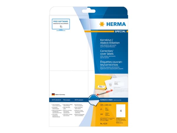 HERMA Special - Hvit - A6 (105 x 148 mm) 100 etikett(er) (25 ark x 4) permanente selvklebende matte opake rettelses/omslags-papiretiketter