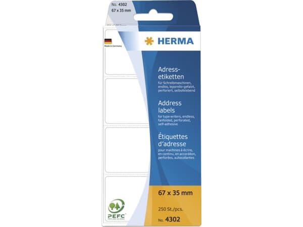 HERMA - Lim - perforerad - vit - 67 x 35 mm 250 stk address fanfold labels