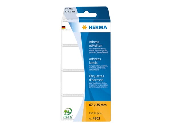 HERMA - Lim - perforerad - vit - 67 x 35 mm 250 stk address fanfold labels