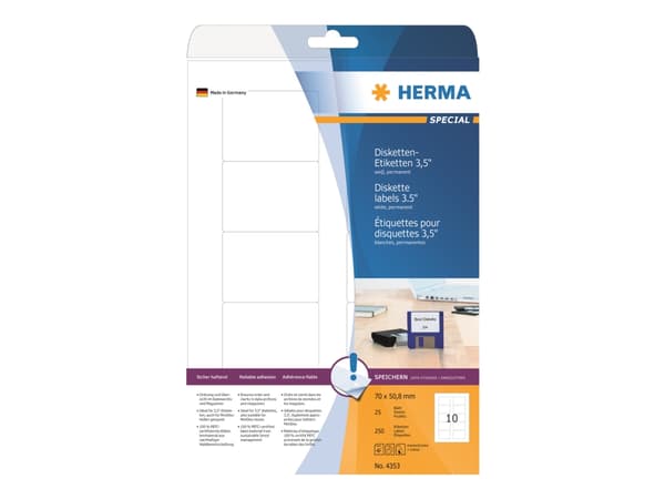 HERMA Special - Papper - matt - permanent självhäftande - vit - 70 x 50.8 mm 250 etikett (er) (25 ark x 10) diskettetiketter